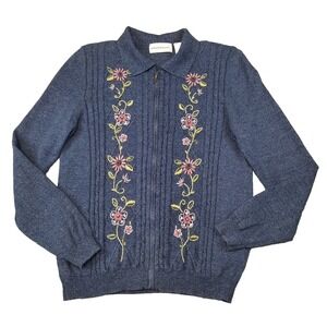 VTG Cottagecore Cardigan Sweater Size Small Blue Floral Embroidered Grandmacore